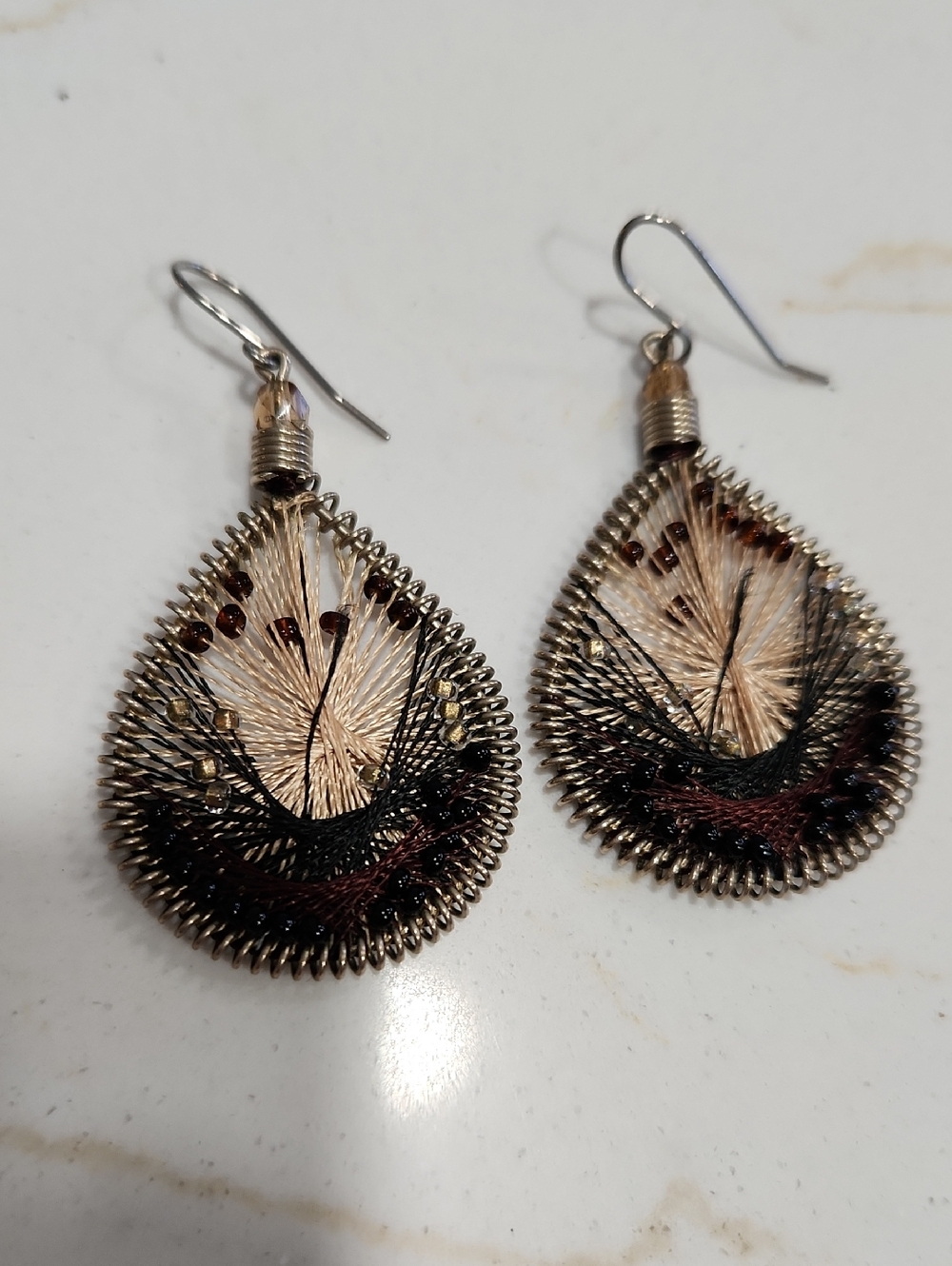 Beige and Black Embroidered Teardrop Earrings